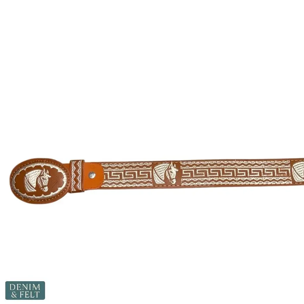 NEW Cinturones Moreno Leather Embroidered Horse Buckle Belt Cognac Western Rodeo